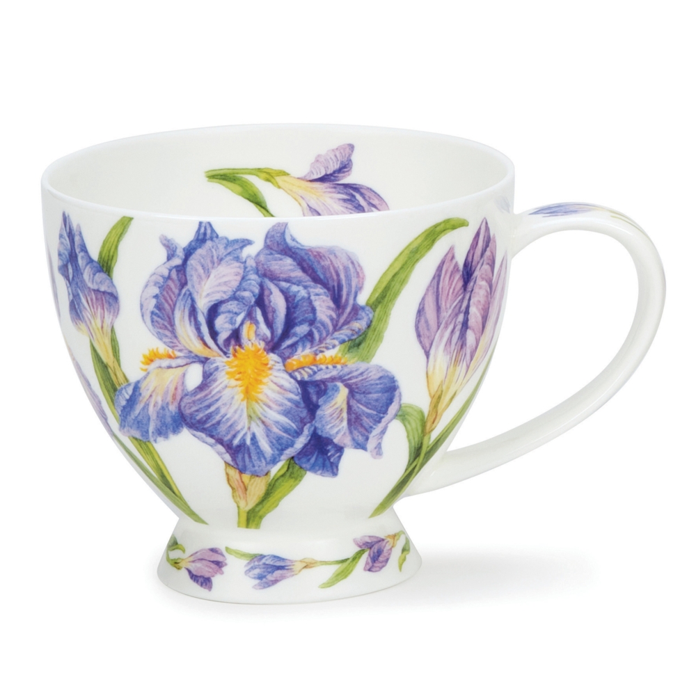 Dunoon Skye Iris Becher 4.5 dl aus Fine Bone China Porzellan mit Schwertlilien in Rosa, Lila, Blau und gelben Akzenten