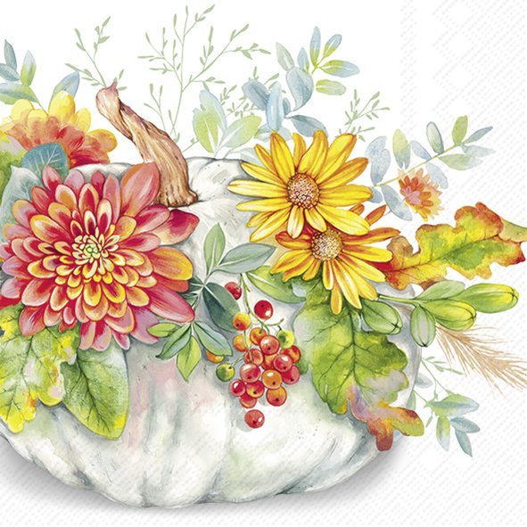Serviette Kürbis und Chrysantheme mit herbstlichen Blüten und Beeren