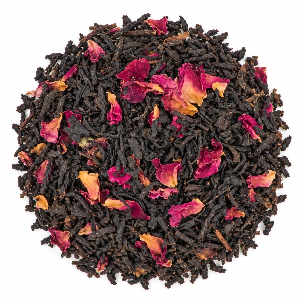 Schwarztee Charming Grey mit dunklen Teeblättern und roten Rosenblüten