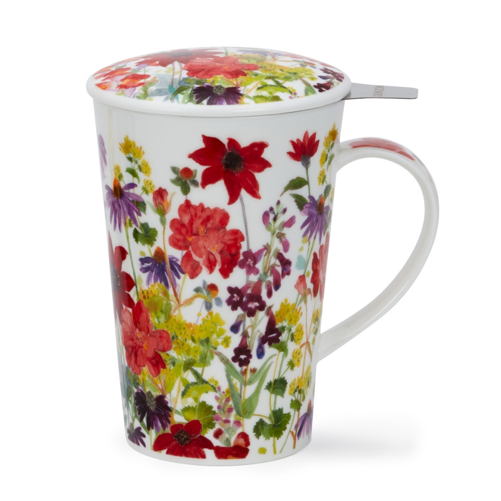Dunoon Shetland Set Cottage Border Red Fine Bone China Porzellan Teebecher 4.4 dl mit Porzellandeckel, Edelstahl-Teefilter und rot-blumigem Cottage-Garden-Motiv von Claire Winteringham