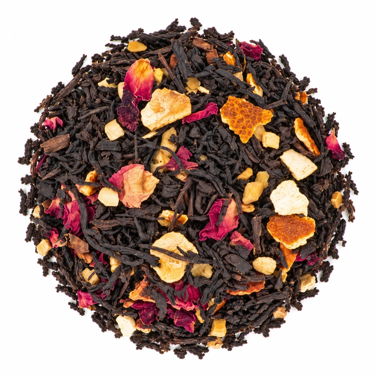 Schwarztee Herbstfeuer mit dunklen Teeblättern, roten Blüten und Fruchtstücken