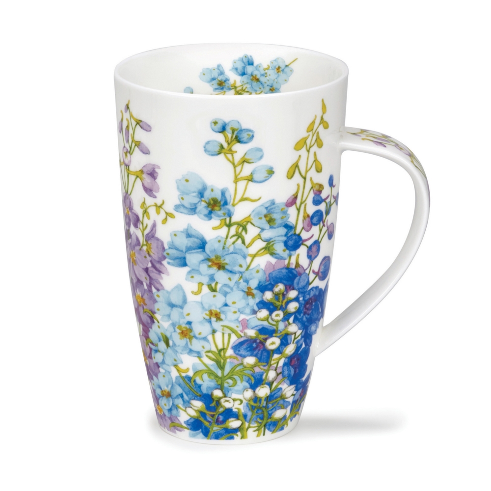 Dunoon Henley Delphiniums Becher 6 dl aus Fine Bone China Porzellan mit Ritterspornmotiv in Blau und Violett