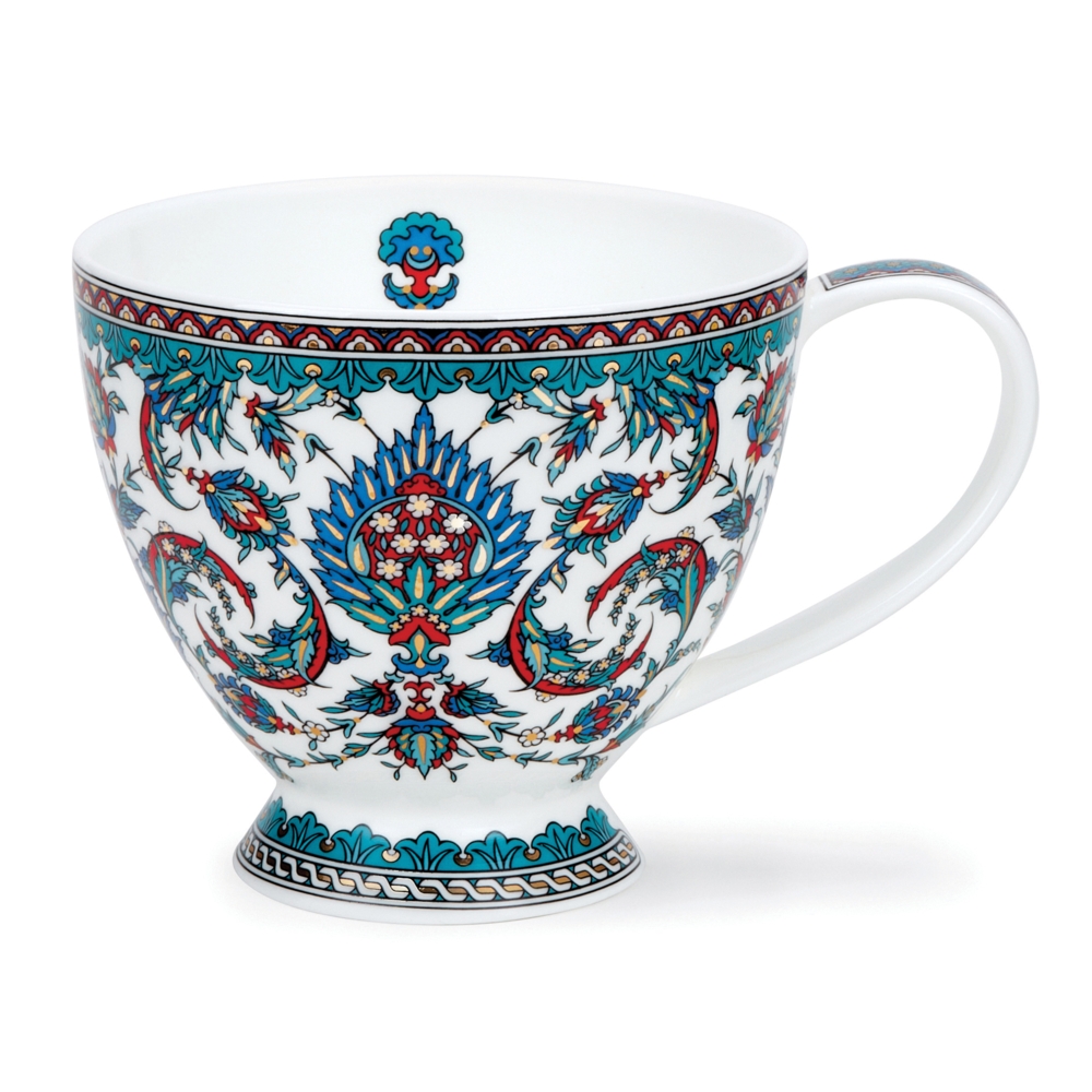 Dunoon Skye Amara Becher 4.5 dl aus Fine Bone China Porzellan mit orientalischer Blütenkunst in Blau, Aqua, Rot und 22 Carat Goldveredelung