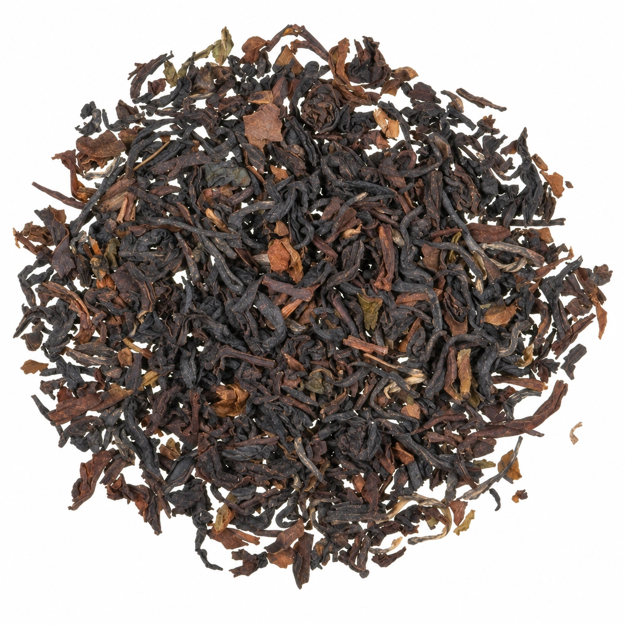 Lose Blätter des Bio Schwarztees Darjeeling Makaibari Second Flush FTGFOP mit dunkelbraunen und kupferbraunen Nuancen