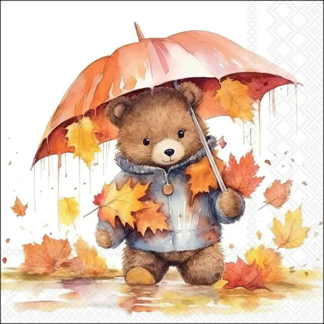 Lunchserviette 33 × 33 cm mit Teddy unter einem Regenschirm, buntem Herbstlaub und herbstlichem Regenmotiv