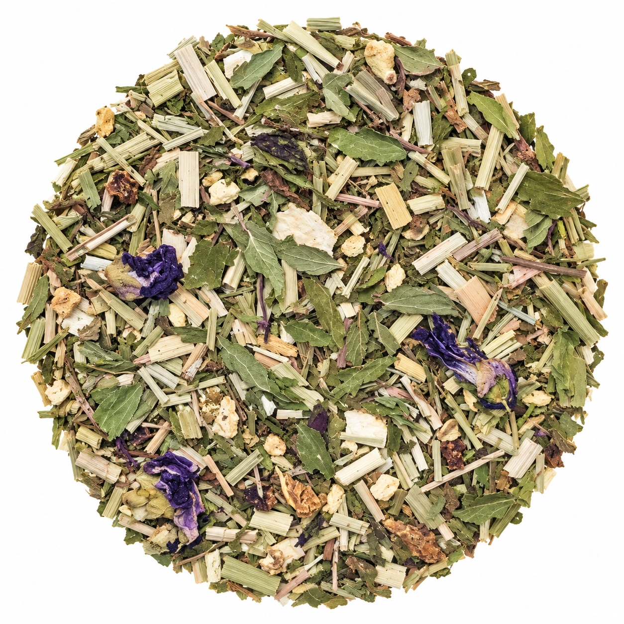 Kräutermischung Traumparadies Bio mit grünen Kräuterblättern, hellen Stängeln und einzelnen violetten Blüten