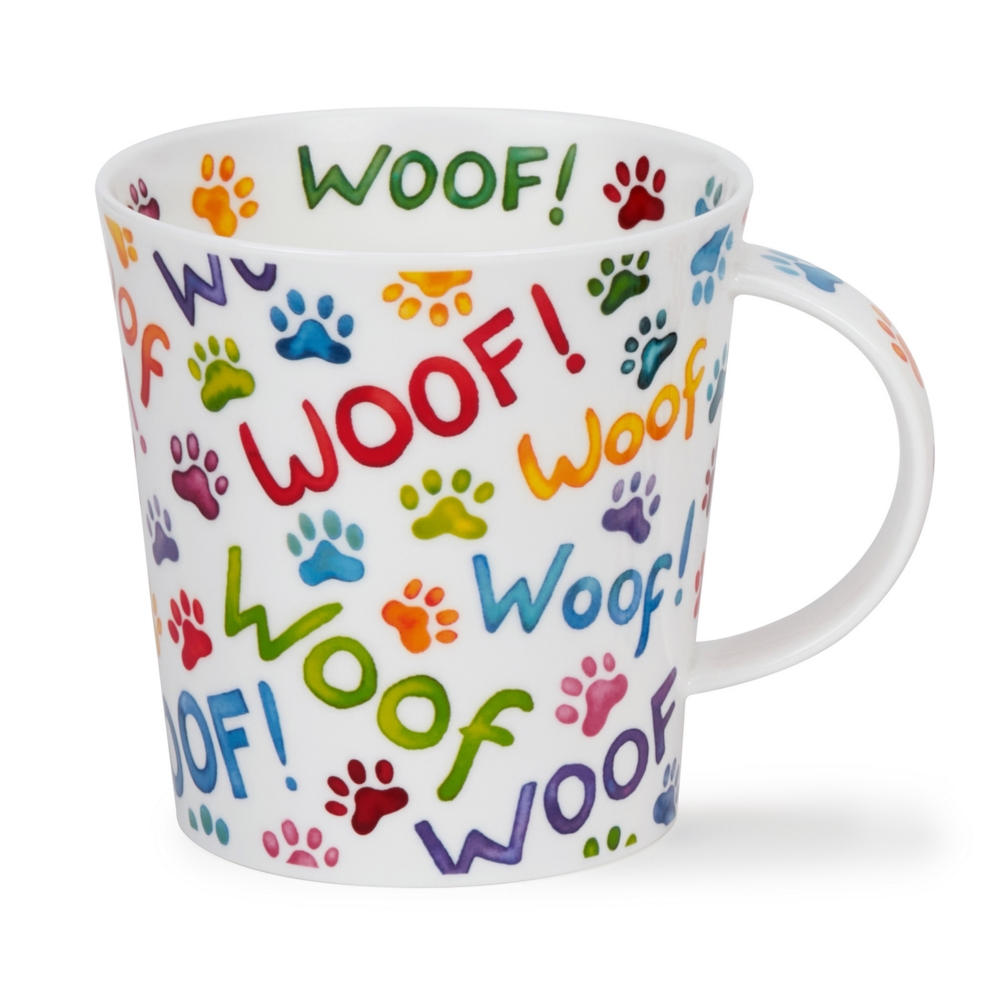 Dunoon Cairngorm Woof Becher 4.8 dl mit farbigem Schrift- und Pfotendekor von Caroline Bessey