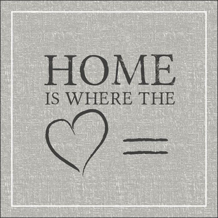Servietten mit dem Spruch «Home is where the heart is» in schwarzer Typografie mit Herzsymbol auf grauem Hintergrund