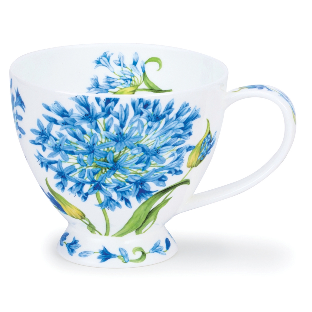 Dunoon Skye Agapanthus Becher 4.5 dl aus Fine Bone China Porzellan mit Agapanthus-Blüten in Himmelblau bis Royalblau und grünen Stielen