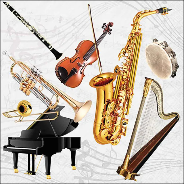 Klangwelten Servietten mit Saxofon, Violine, Trompete, Klarinette, Klavier, Harfe und weiteren Musikinstrumenten
