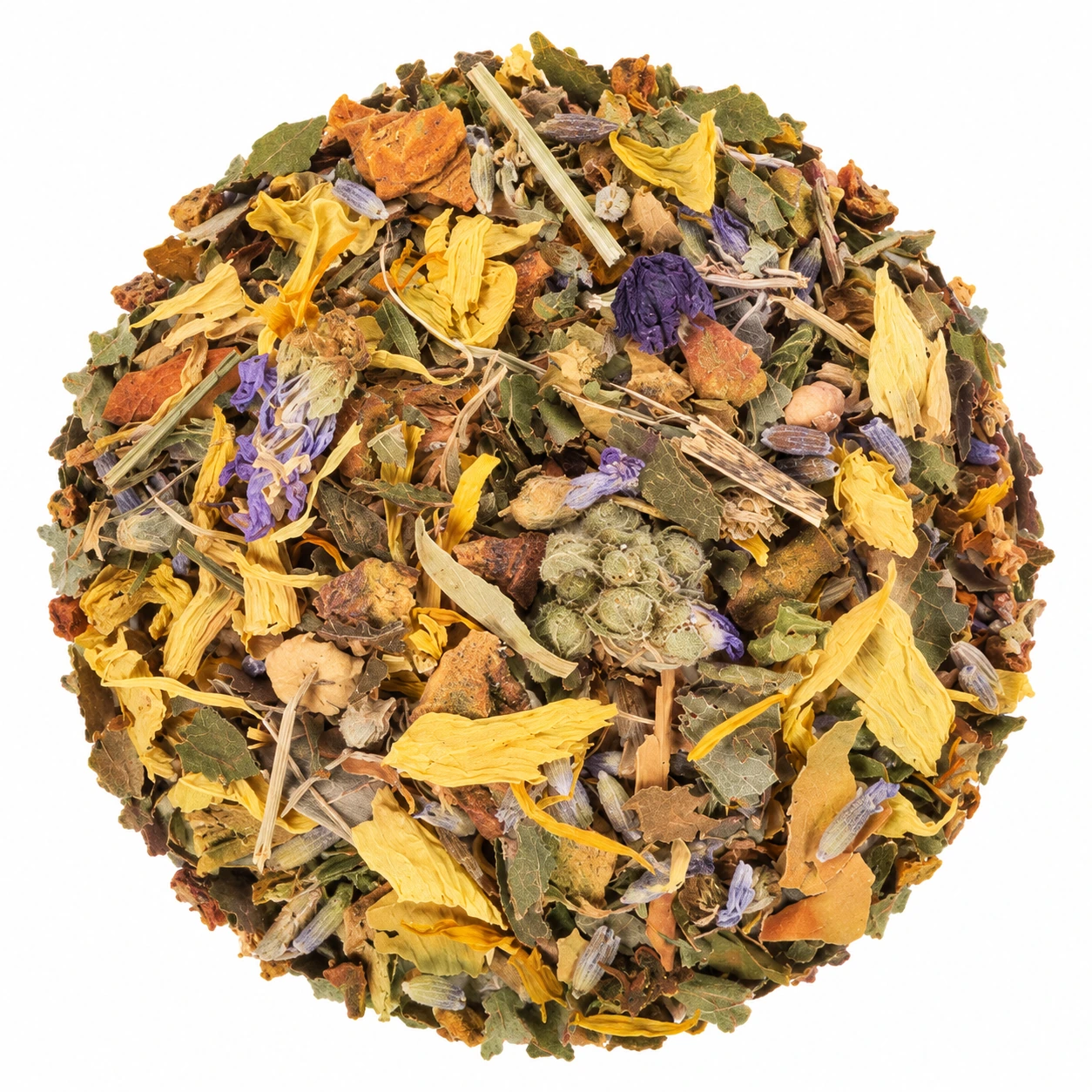 Kräutermischung Zauberkraut mit gelben Blütenblättern, violetten Blütenakzenten und feinen Kräuterstücken