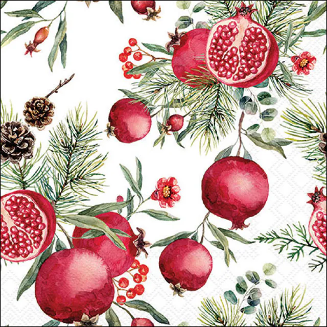 Serviette mit roten Granatäpfeln, Beeren, Tannenzweigen und Zapfen auf hellem Hintergrund