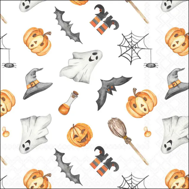 Happy-Halloween-Servietten mit Kürbissen, Geistern, Fledermäusen, Spinnennetzen, Hexenhüten und Besen