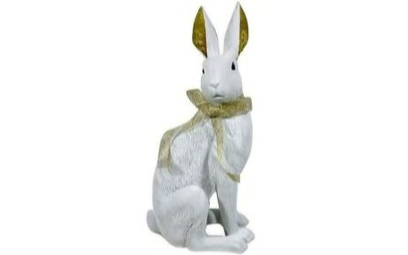 Sitzende weisse Hasenfigur mit goldfarbenen Innenohren und goldfarbener Schleife am Hals
