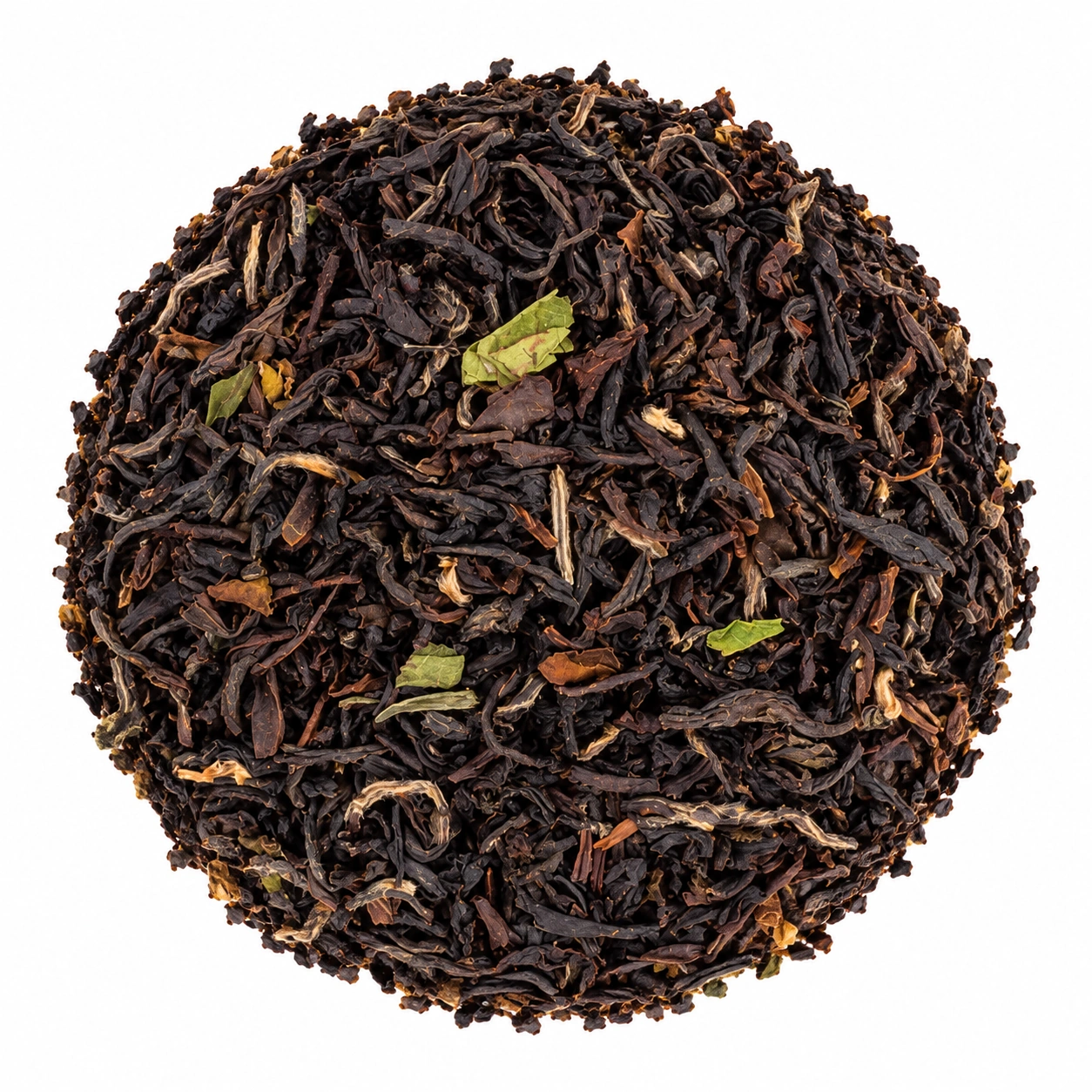 Schwarztee Earl Grey Royal mit dunklen Teeblättern und grünen Blattstücken