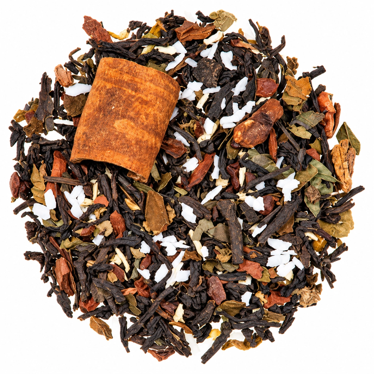Schwarztee Guayusa Cacao Spirit mit dunklen Teeblättern, Guayusa, Cacaostücken, Zimt und Kokos