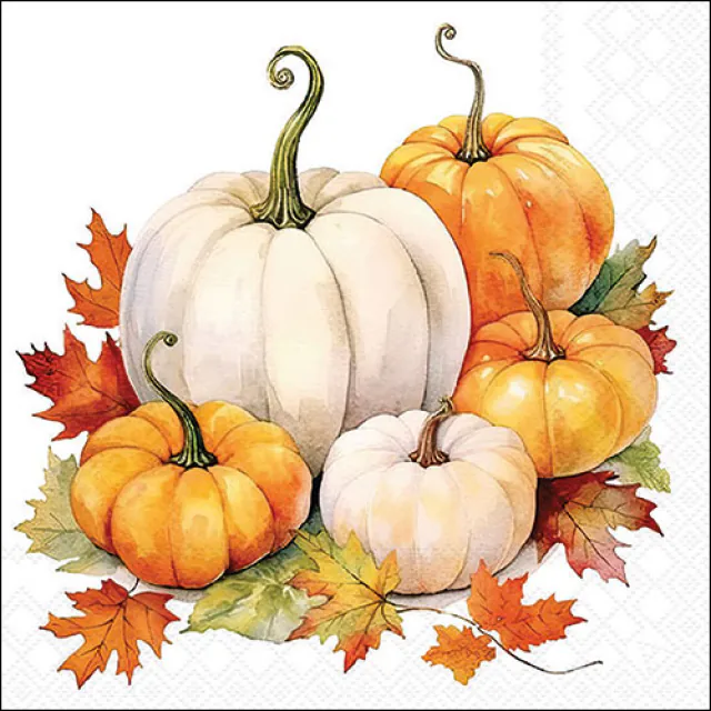 Servietten mit weissen und orangefarbenen Kürbissen, buntem Herbstlaub und herbstlichem Erntemotiv