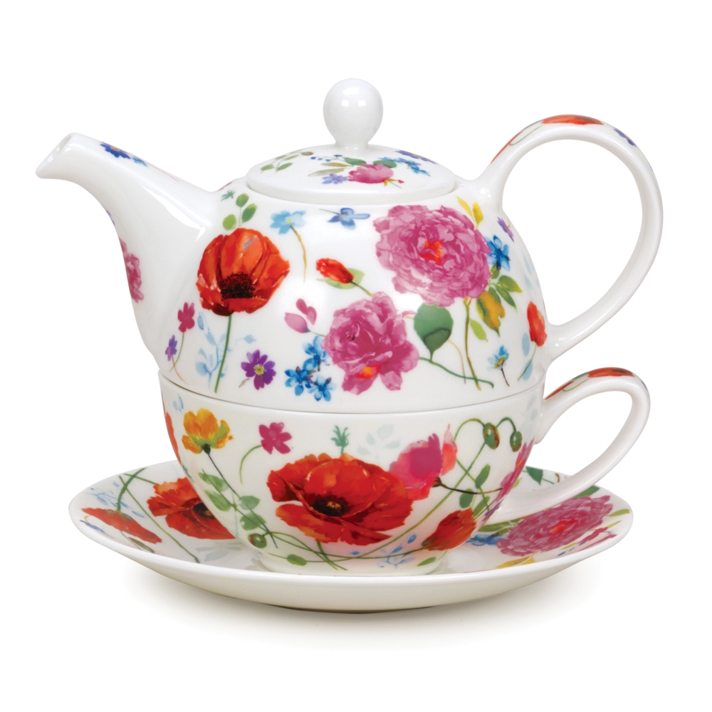 Dunoon Tea for One Set Wild Garden aus Fine Bone China Porzellan, Teekanne 5 dl mit Teeschale 2.5 dl im floralen Mohnblumen-Design