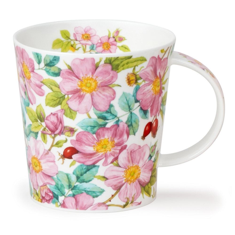 Dunoon Benmore Wild Rose Fine Bone China Porzellan Becher 7.5 dl mit Rosenmotiv, rosa Blüten und Hagebutten von Michèle Aubourg