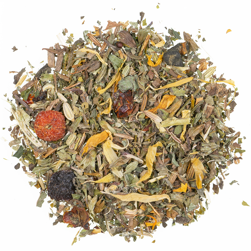 Abendruhe Tee Kräutermischung mit Passionsblumenkraut, Melissenblättern, Fenchelsamen, Hagebuttenschalen und Ringelblumenblüten