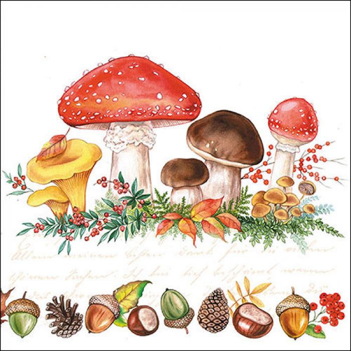 Servietten mit Fliegenpilzen, Waldpilzen, Eicheln, Kastanien, Zapfen und roten Beeren als herbstliches Motiv