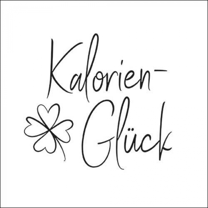 Servietten mit dem Spruch «Kalorien Glück» und kleinem Kleeblatt in schwarzer Linienzeichnung auf weissem Hintergrund