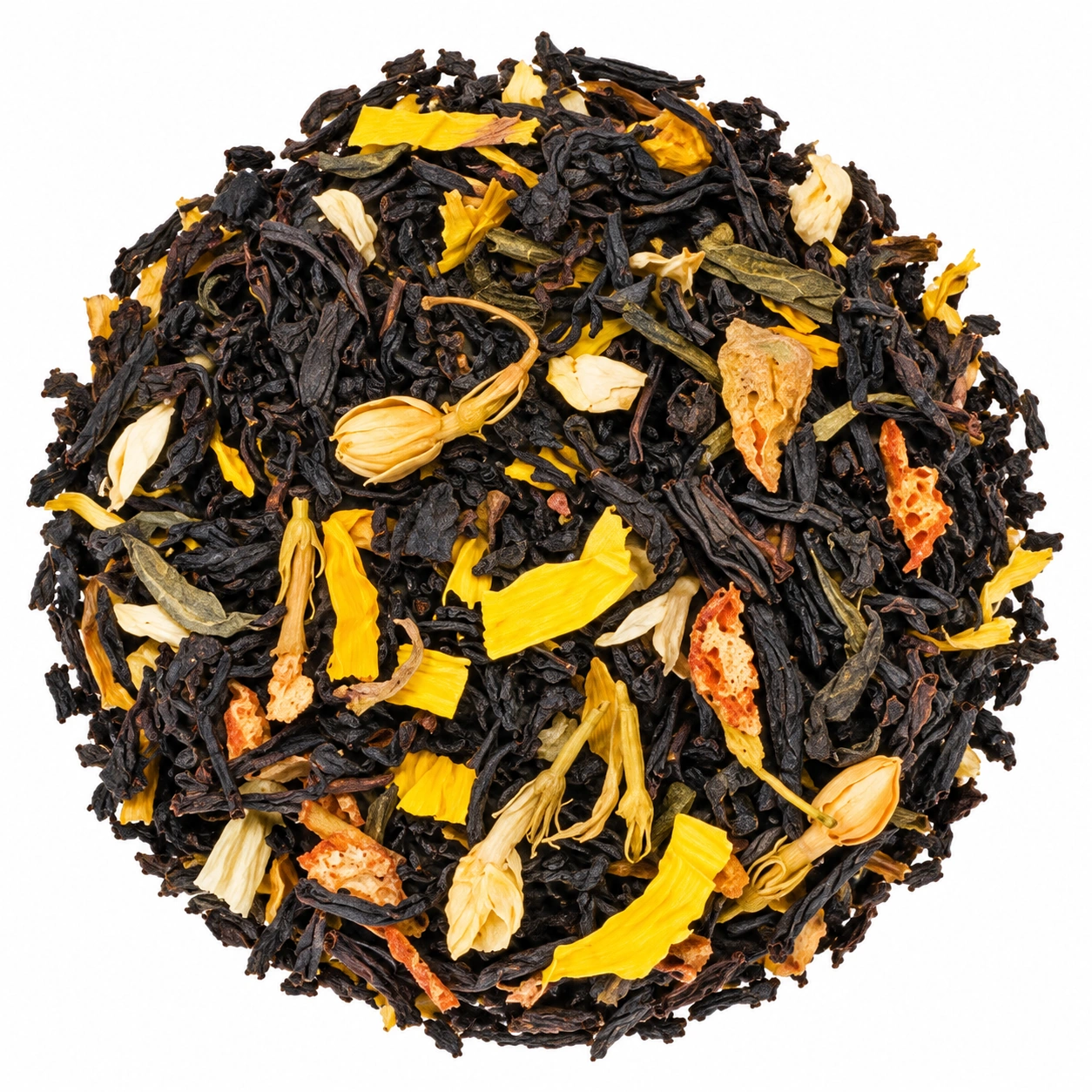 Schwarztee Jasmin Grey mit dunklen Teeblättern, gelben Blüten und Jasminblüten
