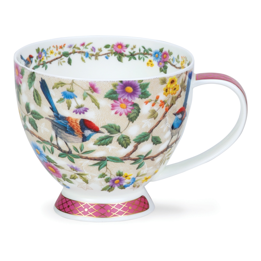 Dunoon Skye Satori Pink Becher 4.5 dl aus Fine Bone China Porzellan mit rosa Henkel, Vögeln, Blüten und 22 Carat Goldveredelung