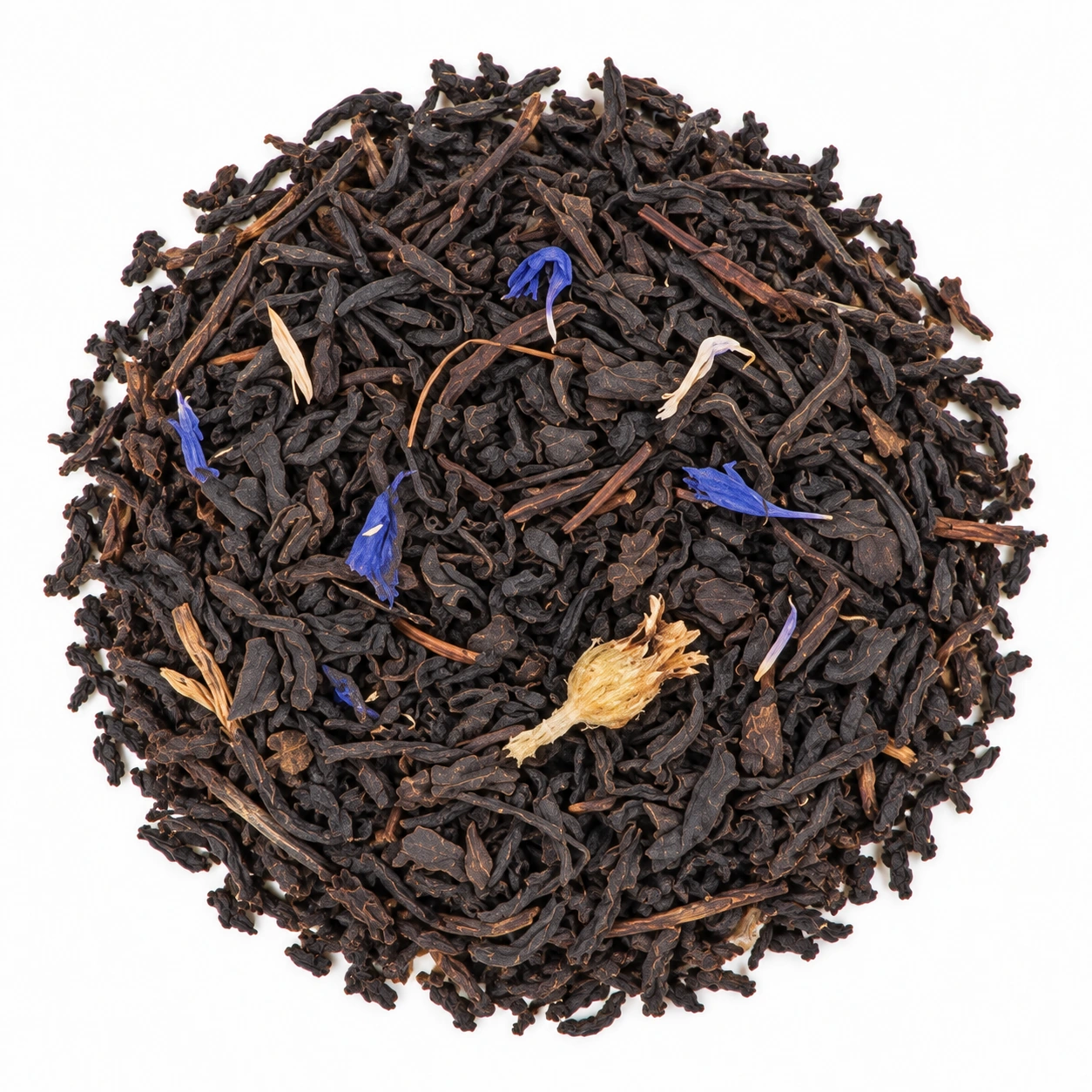 Schwarztee Earl Grey Bio mit dunklen Teeblättern und blauen Kornblumenblüten