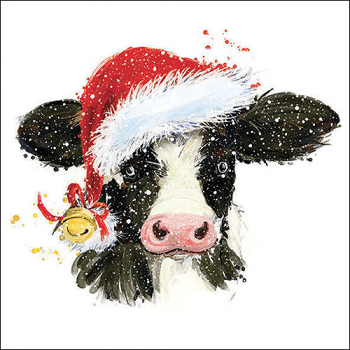 Serviette Christmas Cow mit schwarz-weisser Kuh und roter Weihnachtsmütze