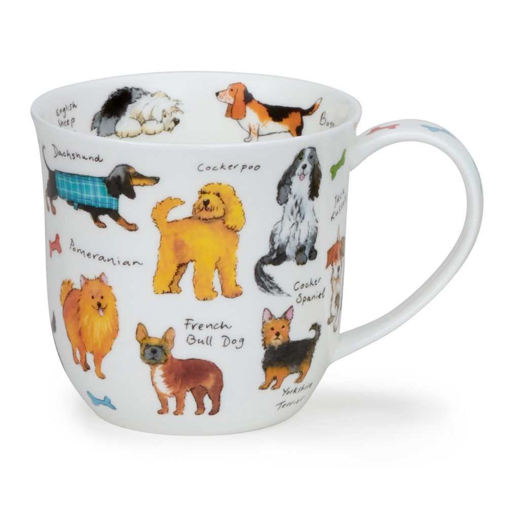 Dunoon Cumbrae Dog Breeds Porzellanbecher mit verschiedenen Hunderassen, bunten Hundeporträts und handschriftlichen Beschriftungen