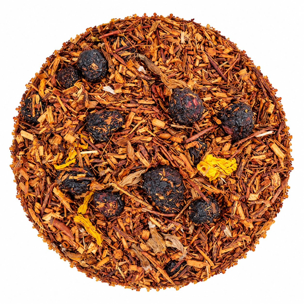 Rooibos Blueberry mit dunklen Beeren und feinen Blütenblättern
