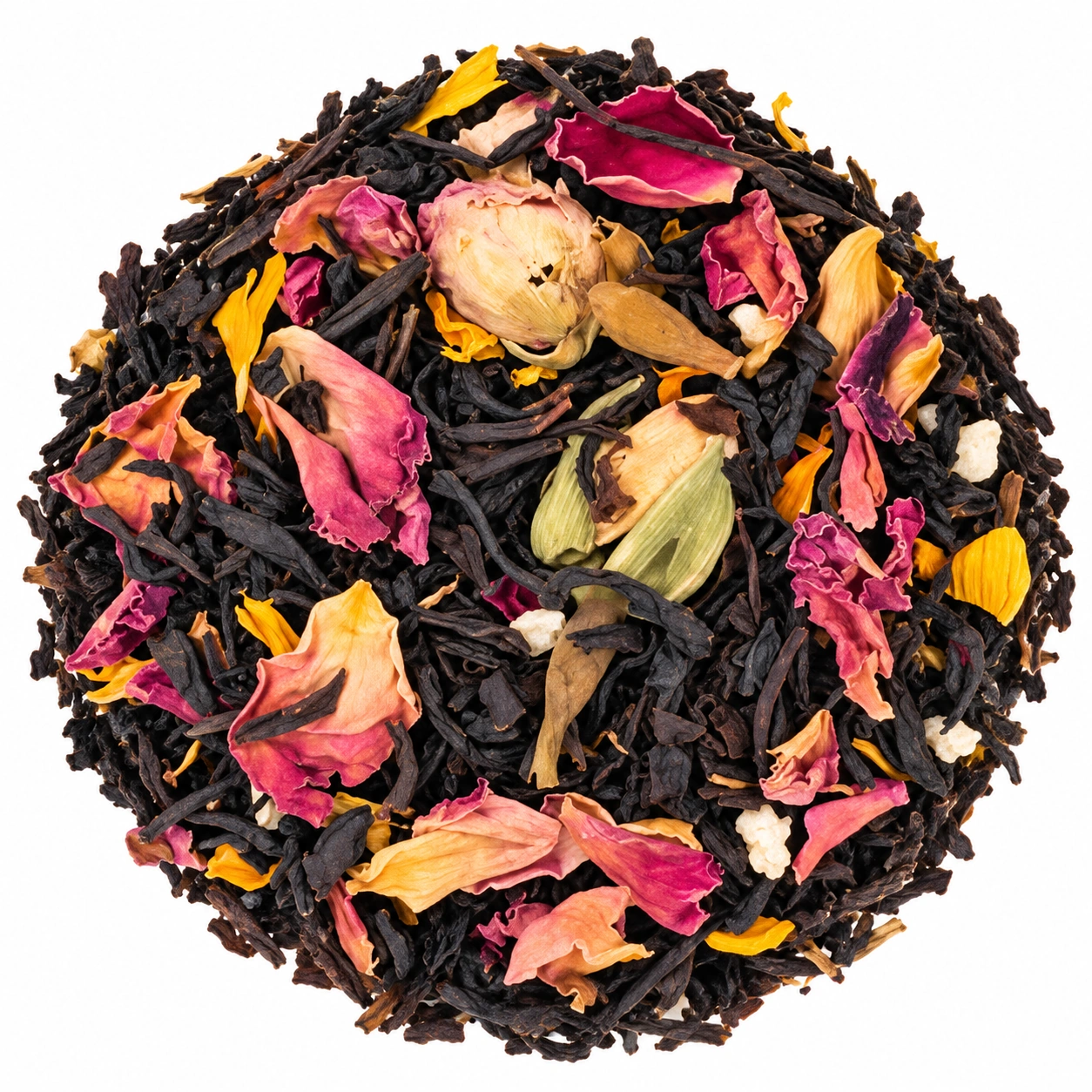 Schwarztee Moments mit dunklen Teeblättern, Rosenblüten und gelben Blüten