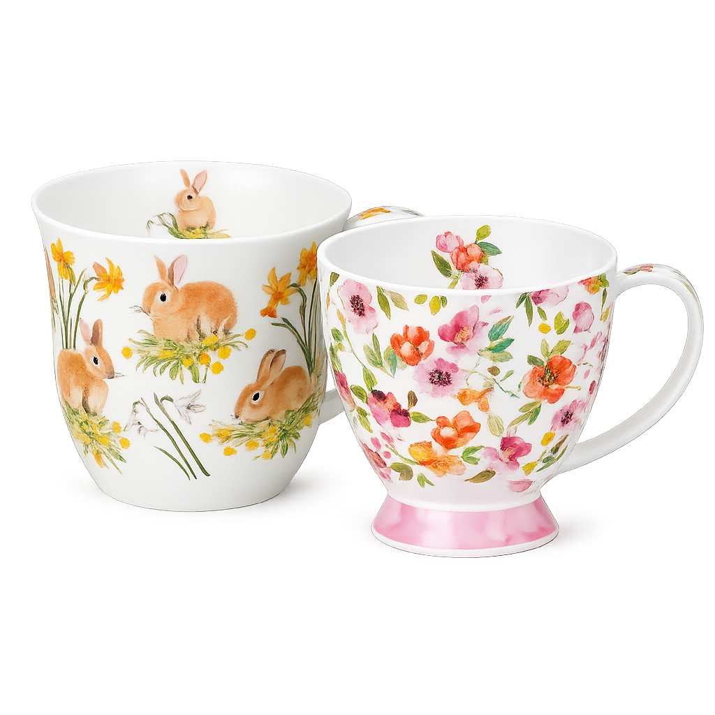 Dunoon Cumbrae und Skye Becher aus Fine Bone China mit Hasen- und floralem Blütenmotiv als Set