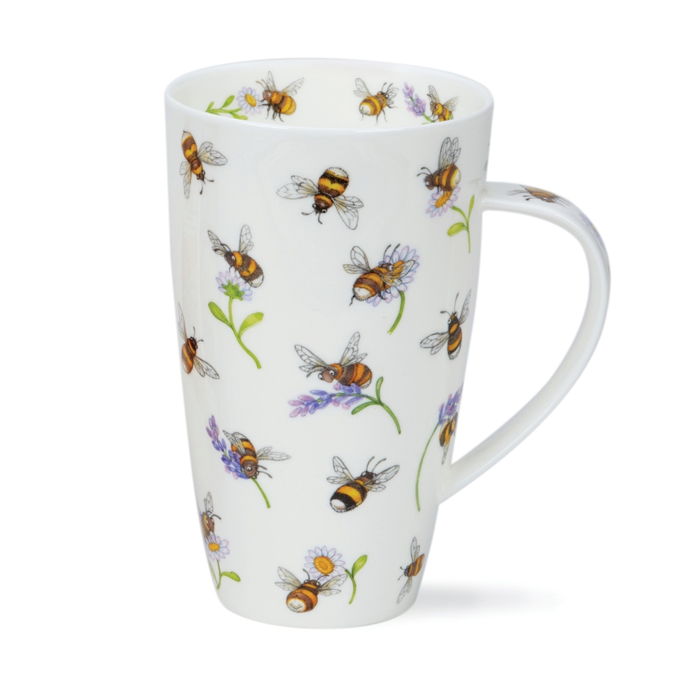 Dunoon Henley Little Buzzers Becher 6 dl aus Fine Bone China Porzellan mit Illustrationen von Bienen und Hummeln inmitten violetter Lavendelblüten und kleiner rosa Gänseblümchen