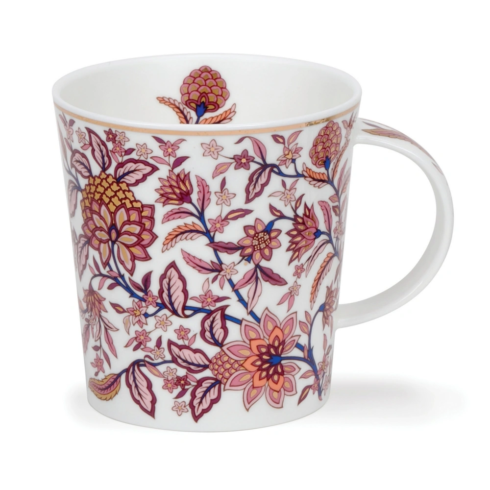 Weisser Dunoon Lomond Becher mit rosa Blüten und Blättern, blauen Ranken und22 Carat goldfarbenen Verzierungen.