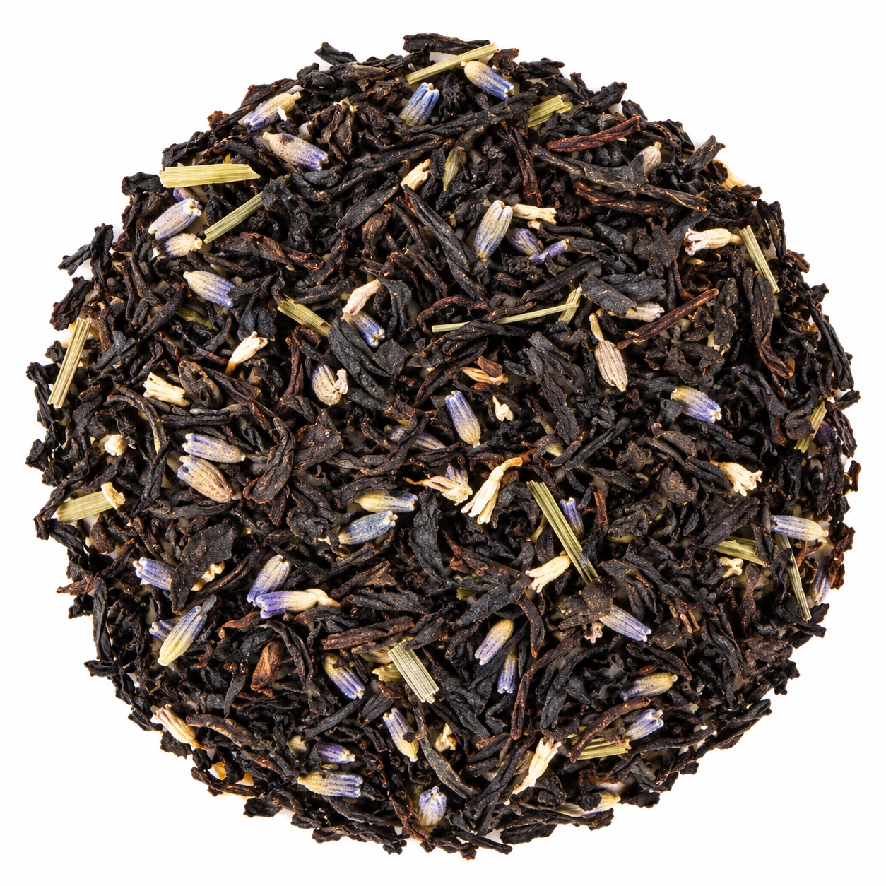 Schwarztee Earl Grey Lavender mit dunklen Teeblättern, Lavendelblüten