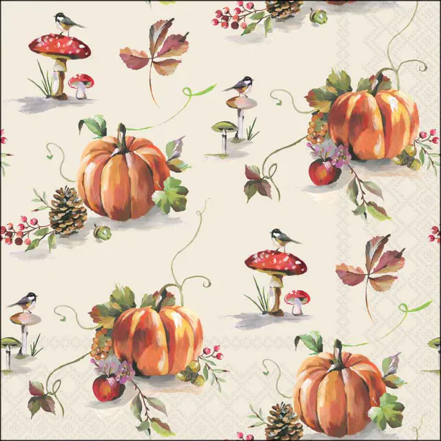 Lunchserviette 33 × 33 cm mit Kürbissen, Pilzen, Vögeln, Zapfen, Beeren und buntem Herbstlaub
