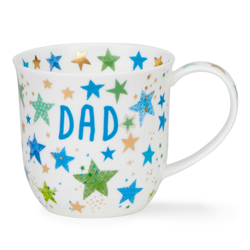 Dunoon Cumbrae Dad Porzellanbecher mit Dad-Schriftzug, blauen und grünen Sternen sowie 22 Carat Goldveredelung