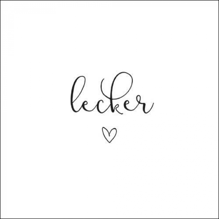 Servietten mit dem Schriftzug «lecker» und kleinem Herz in schwarzer Typografie auf weissem Hintergrund