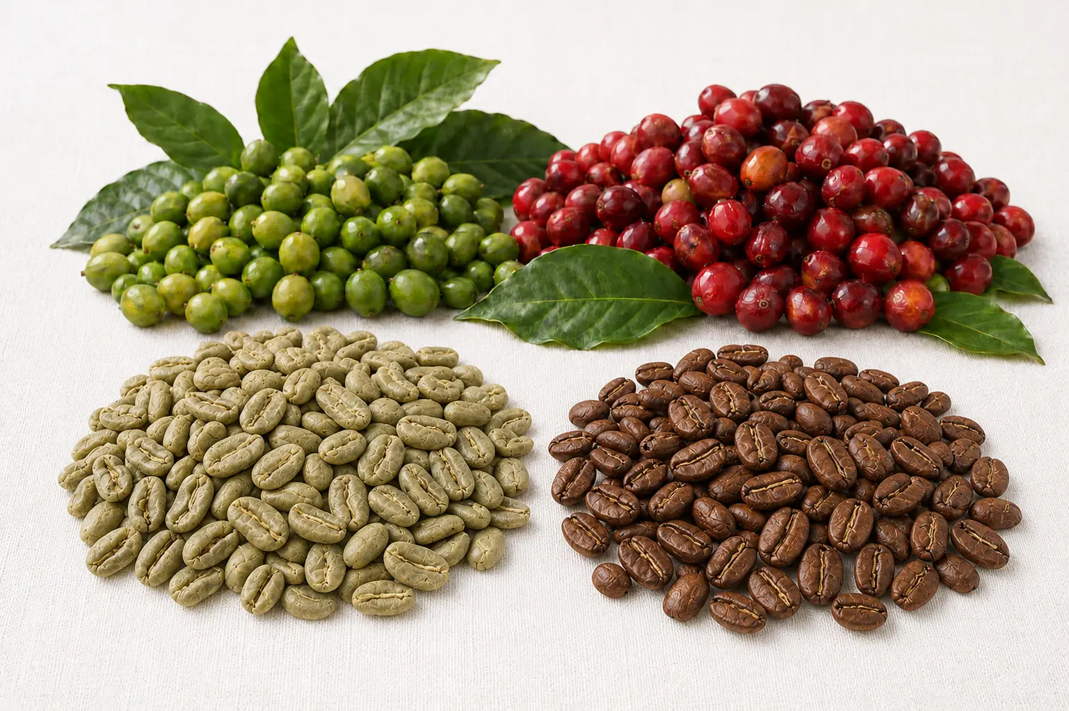Grüne und rote Kaffeekirschen mit ungerösteten und gerösteten Arabica-Bohnen