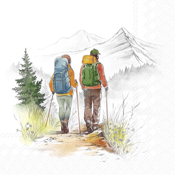 Servietten mit zwei Wanderern, Rucksäcken und Berglandschaft in heller Aquarelloptik