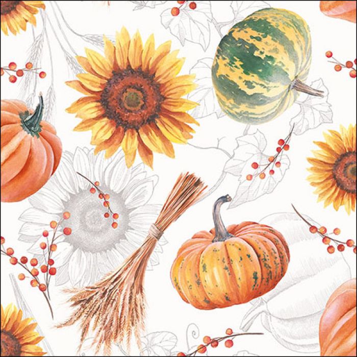 Servietten mit Sonnenblumen, orangefarbenen und grün gemusterten Kürbissen, Beerenzweigen und herbstlichen Naturdetails