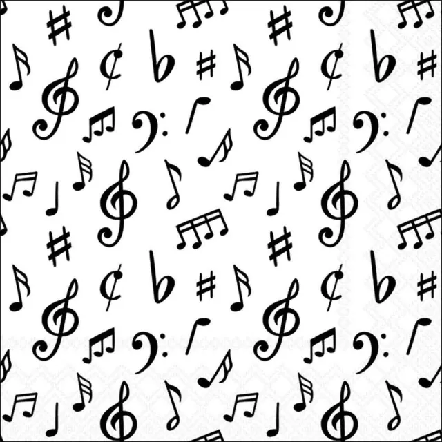 Notenglück Servietten mit schwarzen Noten, Notenschlüsseln und musikalischen Zeichen auf weissem Hintergrund