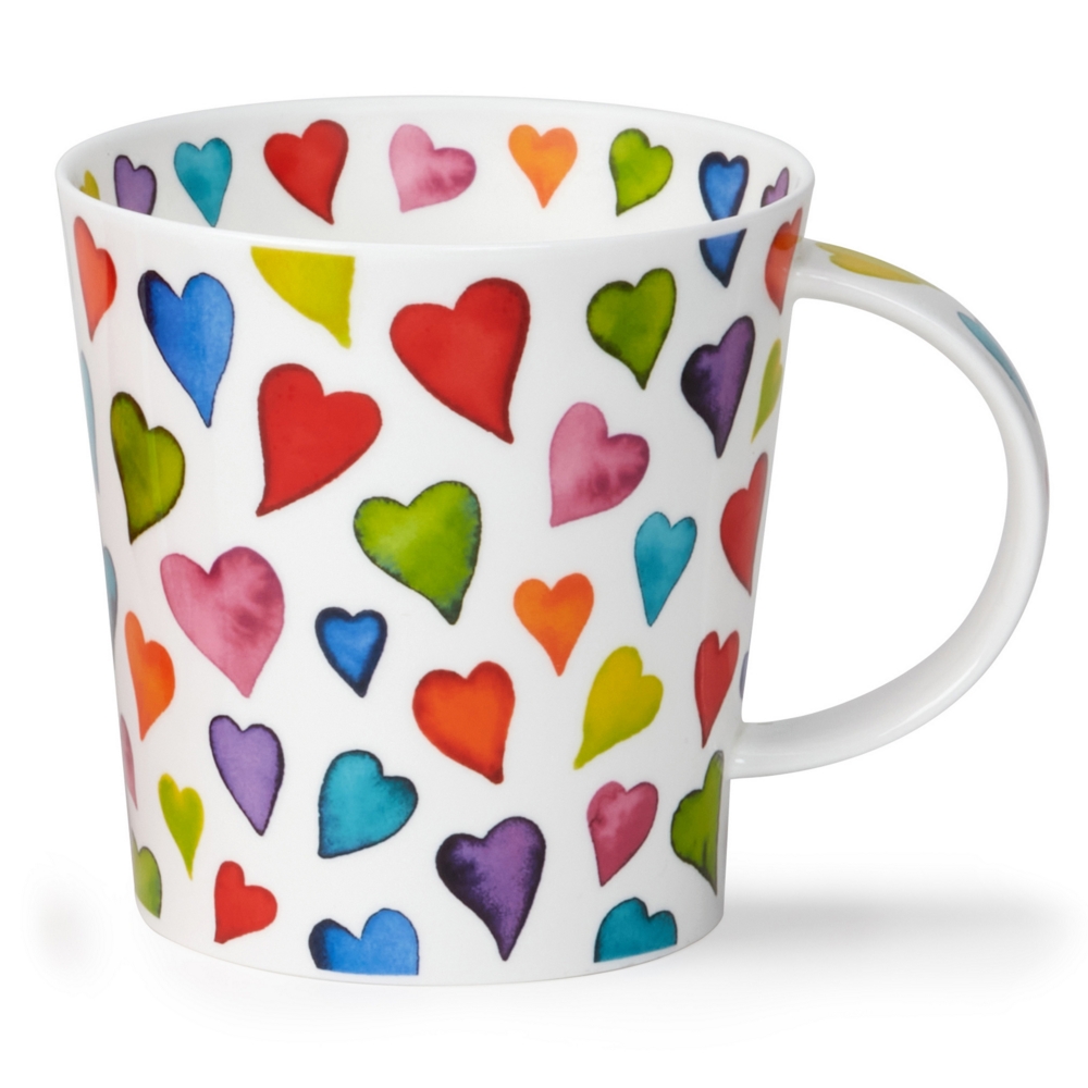 Dunoon Benmore Warm Hearts Fine Bone China Porzellan Becher 7.5 dl mit farbenfrohem Herzmotiv im Aquarellstil von Caroline Bessey