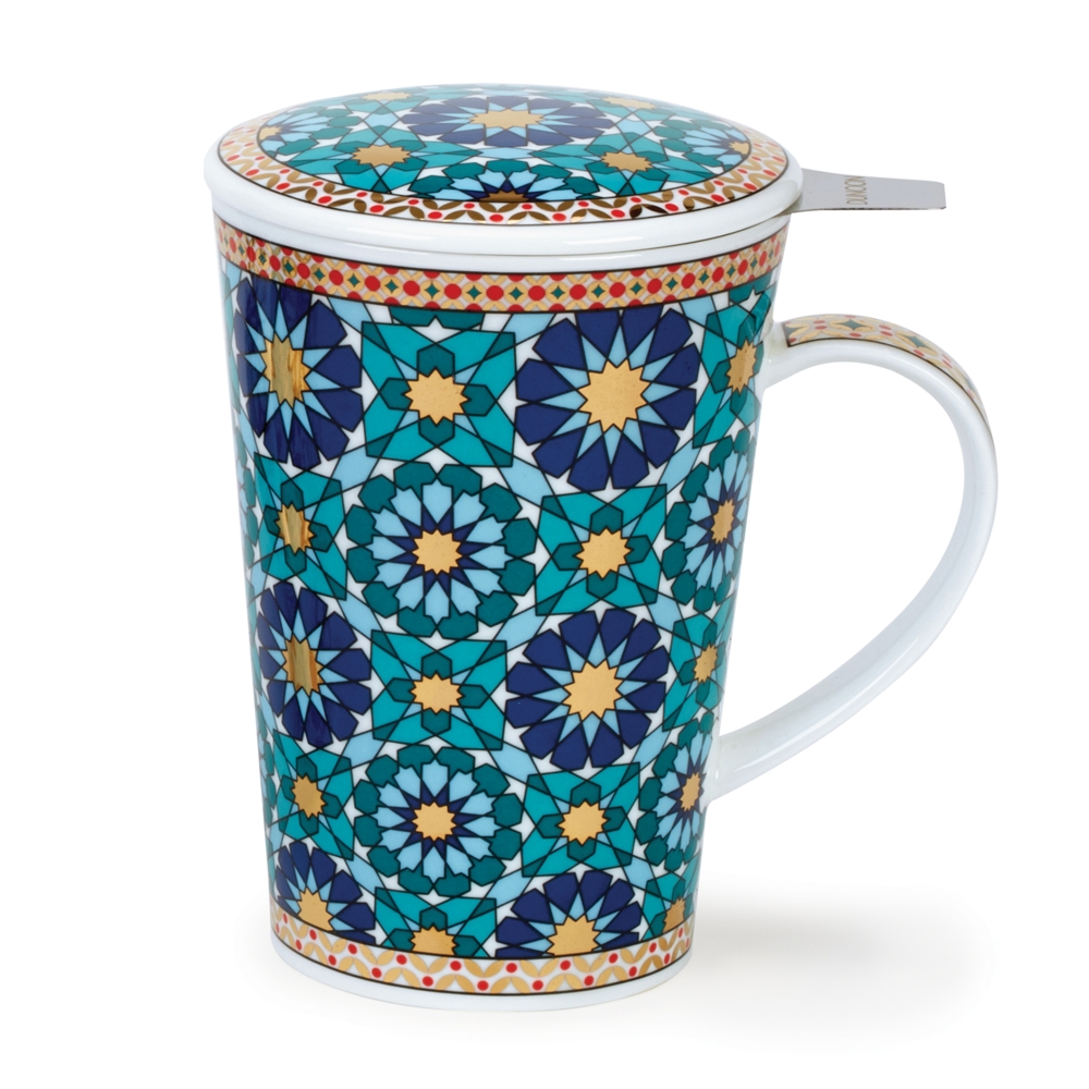 Dunoon Shetland Set Ishtar Fine Bone China Porzellan Teebecher 4.4 dl mit Porzellandeckel, Edelstahl-Teefilter, orientalischem Muster von David Broadhurst und 22 Karat Goldveredelung