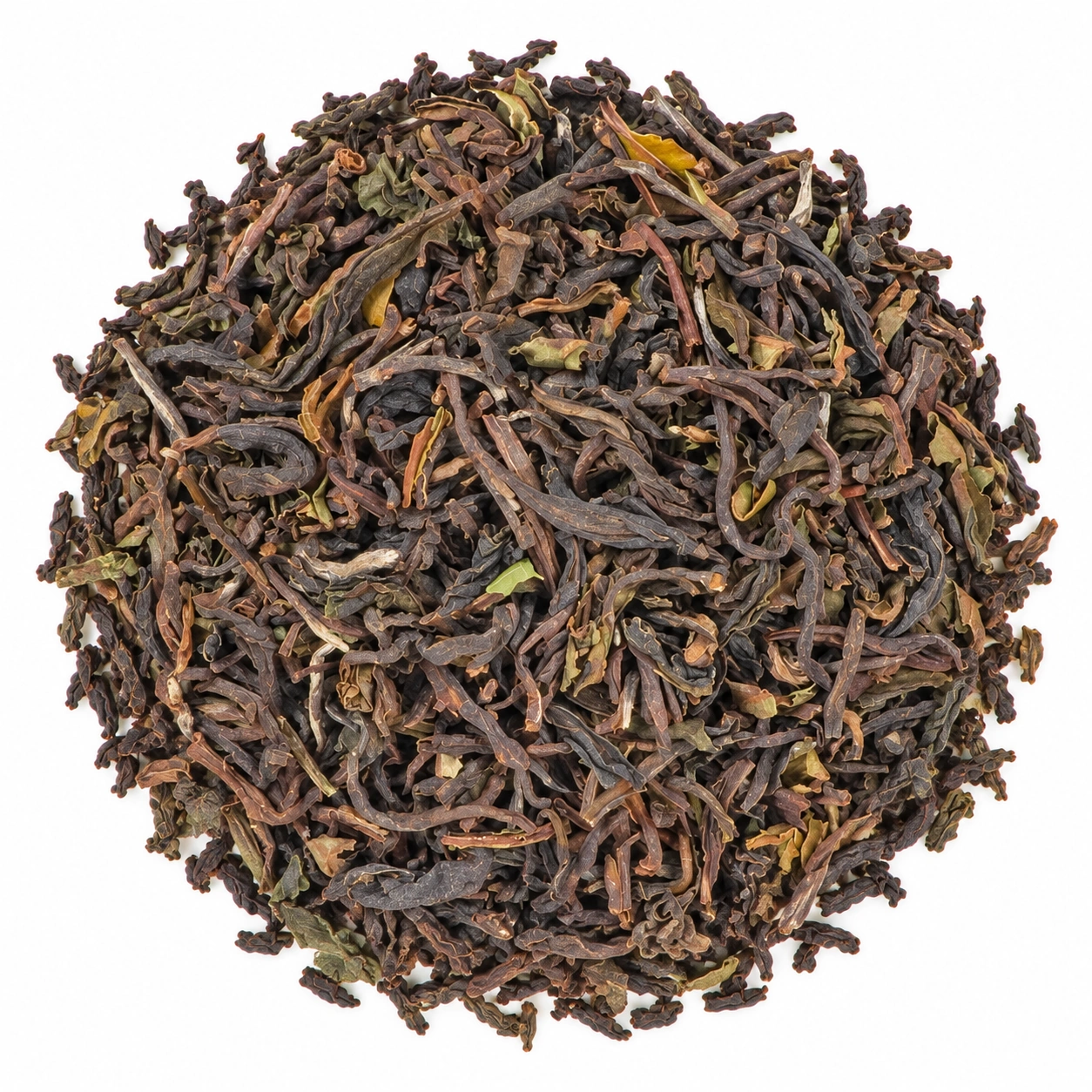 Lose Blätter des Schwarztee Blends Darjeeling Golden Himalaya SFTGFOP mit braunen und olivgrünen Nuancen