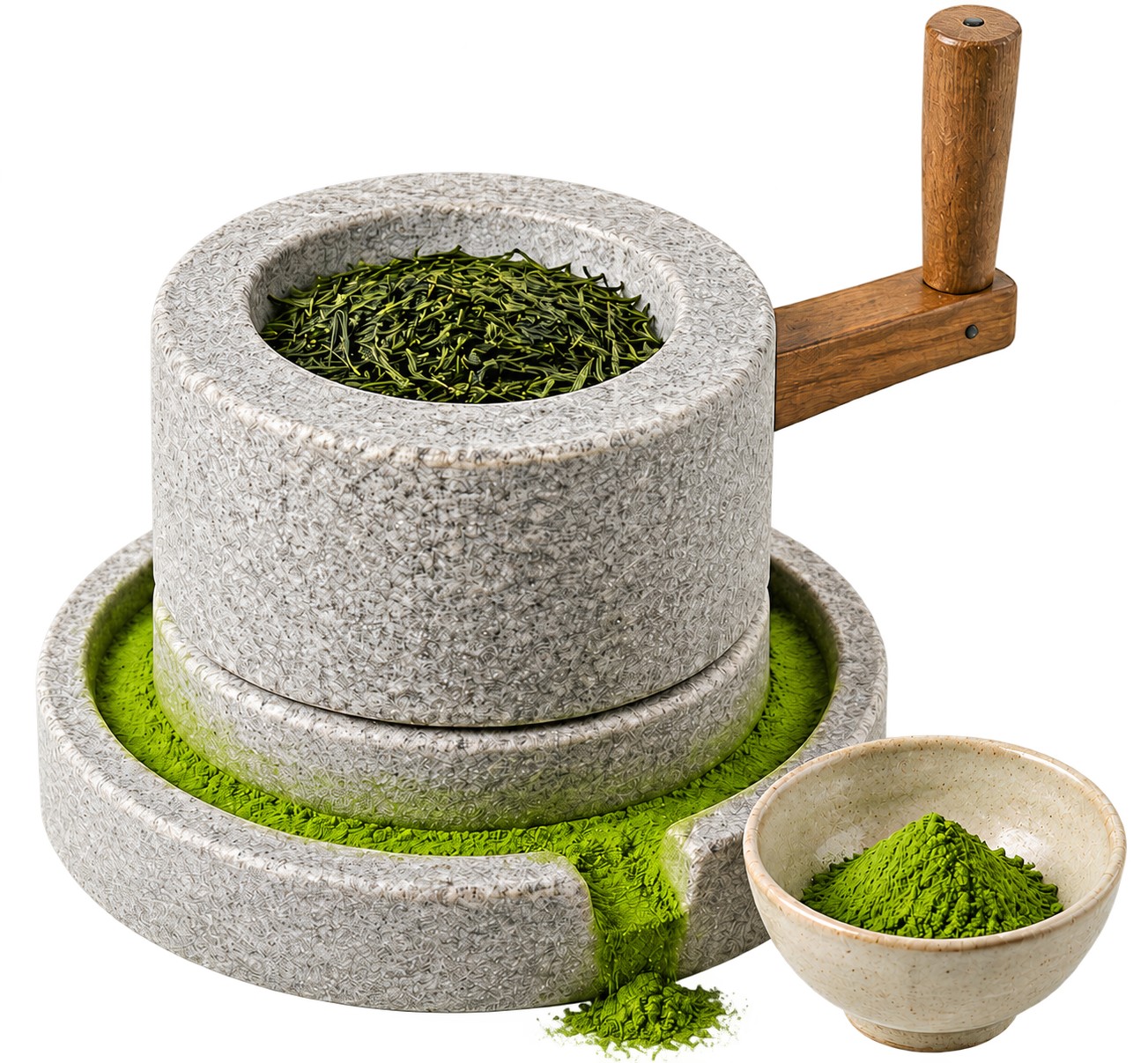 Japanische Steinmühle mit Tencha-Blättern im Mahlwerk sowie leuchtend grünem Matchapulver und einer Teeschale auf weissem Hintergrund.