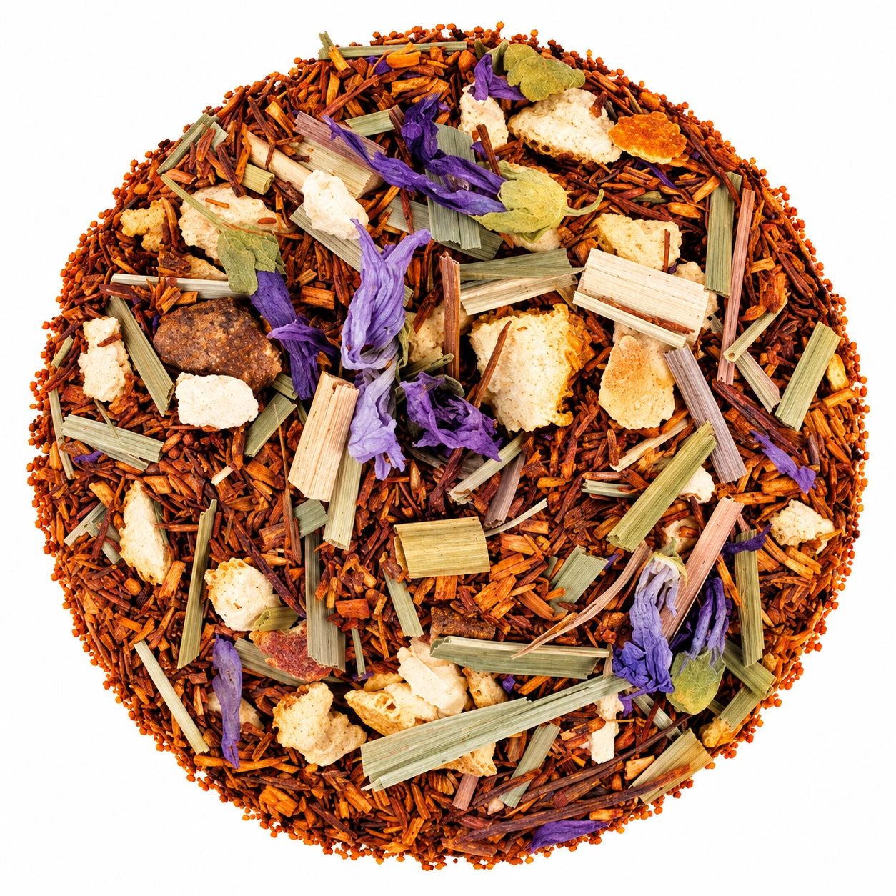 Rooibos Kalahari mit Lemongras, Fruchtstücken und violetten Blüten