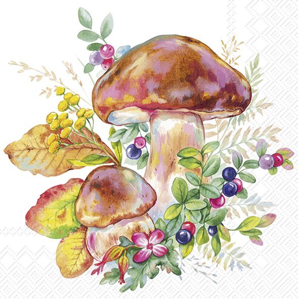 Serviette mit drei detailreich illustrierten Steinpilzen zwischen Beeren, grünen Blättern und kleinen Waldblüten